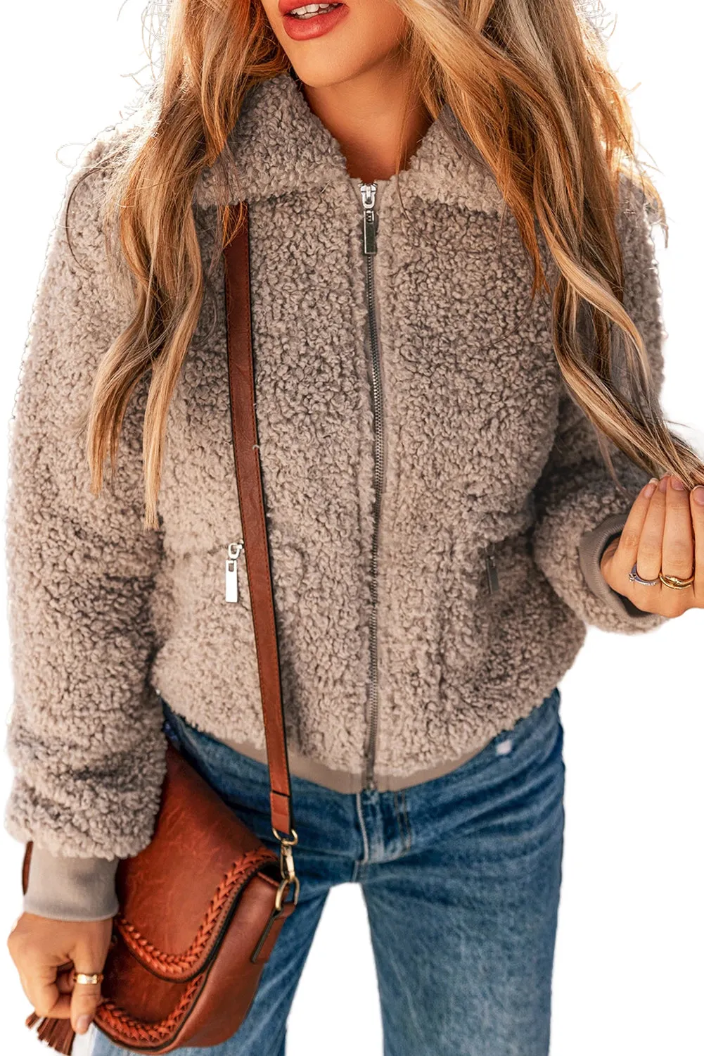 Zipper Pocketed Winter Fuzzy Jacket